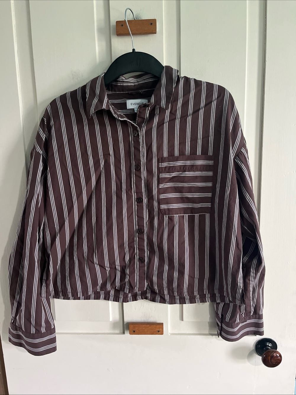 Evereve Brown and White Vertical Stripe Button-Down Shirt